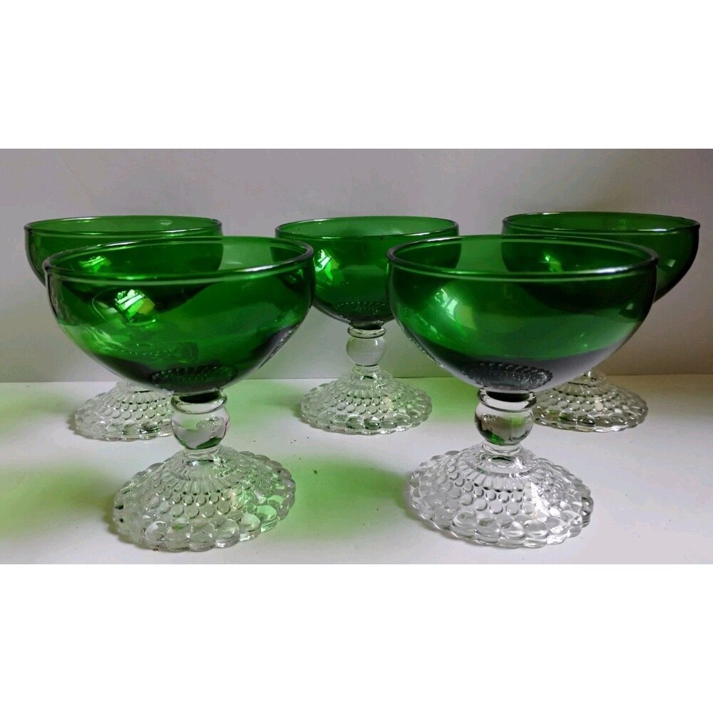 Lot of 5 Vintage Anchor Hocking Forest Green Bubble Foot Champagne Sherbet Glass